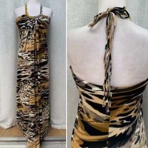 Y2K Sky halter tan black animal print maxi dress with chain neckline